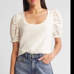 Rails New with Tag Lilia Eyelet Sleeve White Scoop Neck Cotton T-Shirt Size Smal